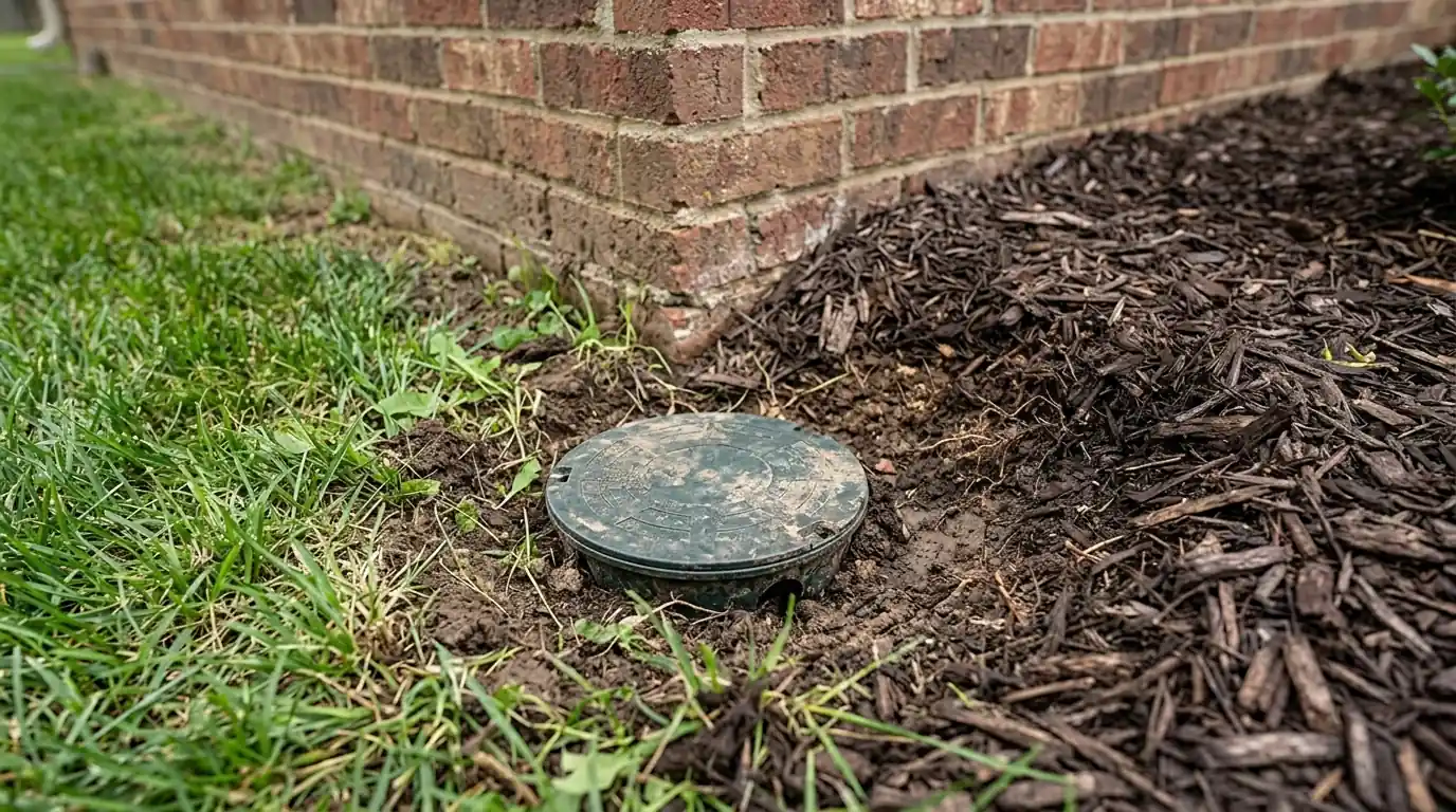 Bait station set flush with the lawn at a Belleville foundation line