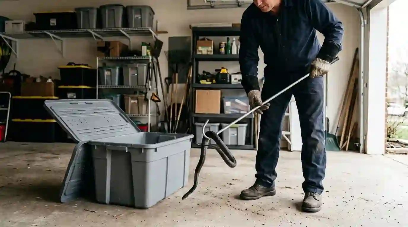 Hook-and-container capture of a snake in a garage