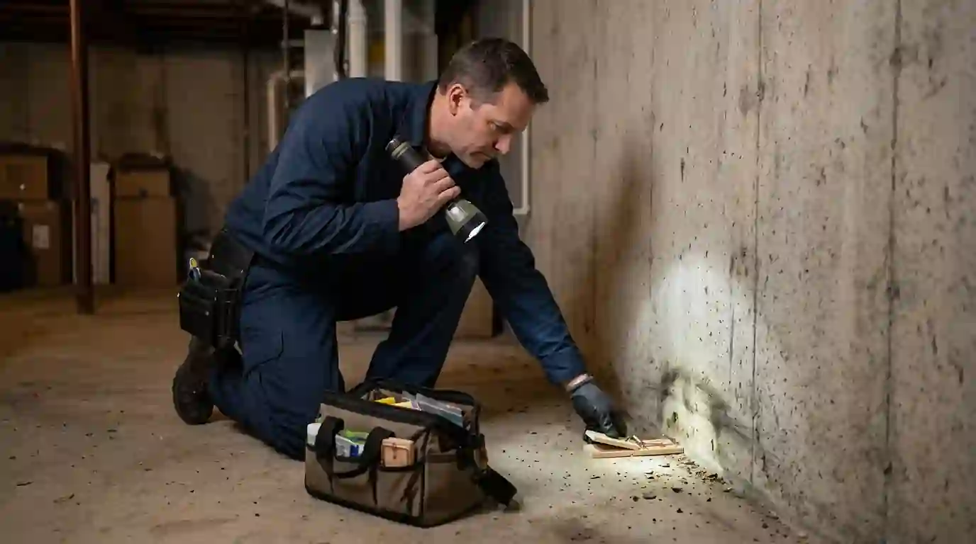 Trap placed along a rodent runway at a basement wall