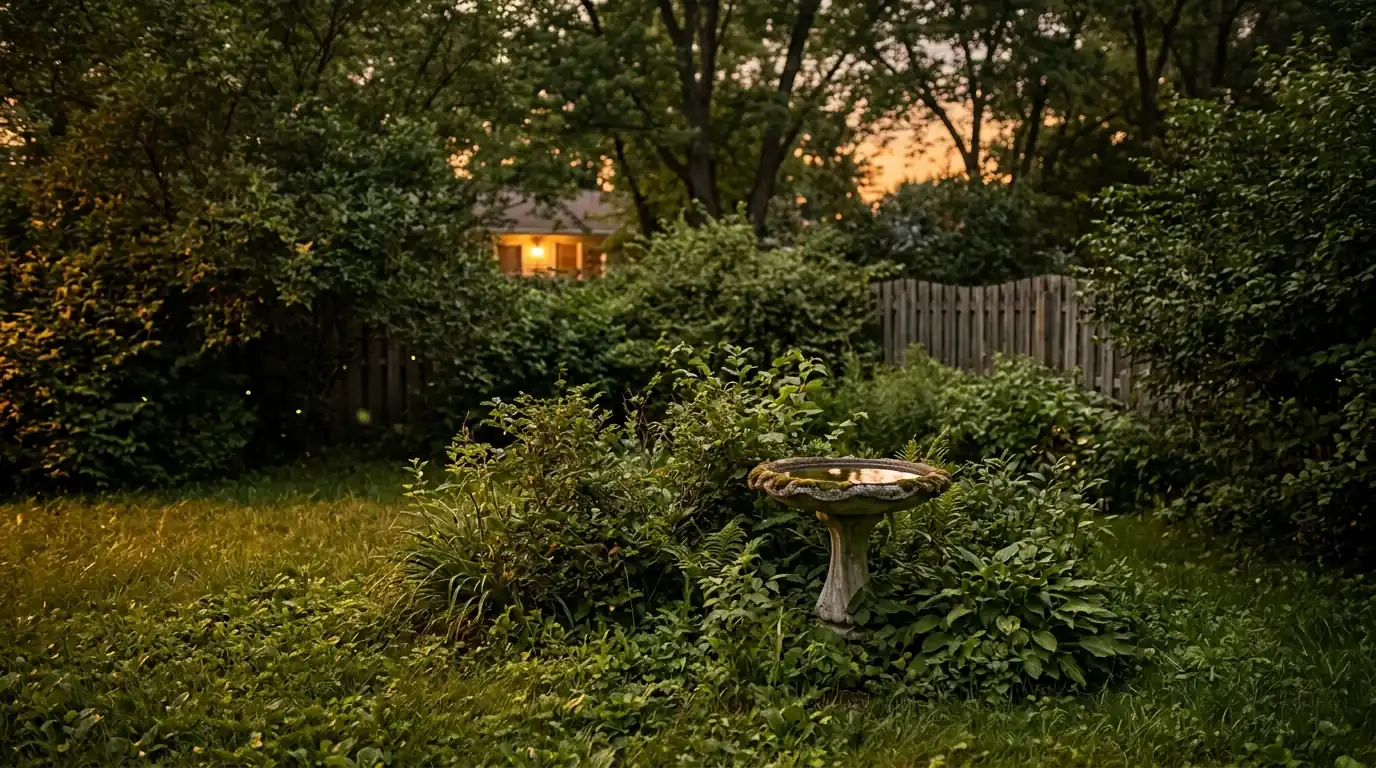 Humid Metro East backyard at dusk in summer