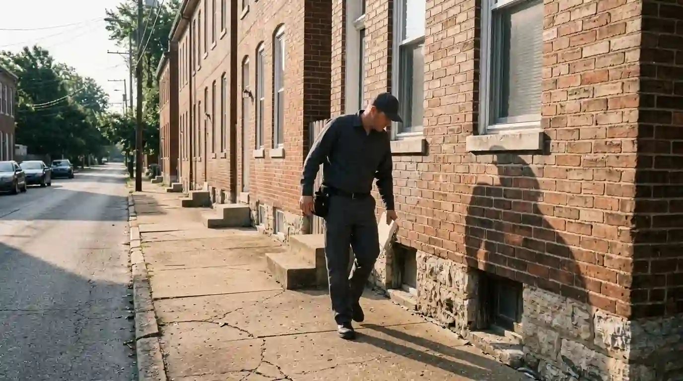 Brick street houses in a Belleville historic district with a technician checking the foundation line