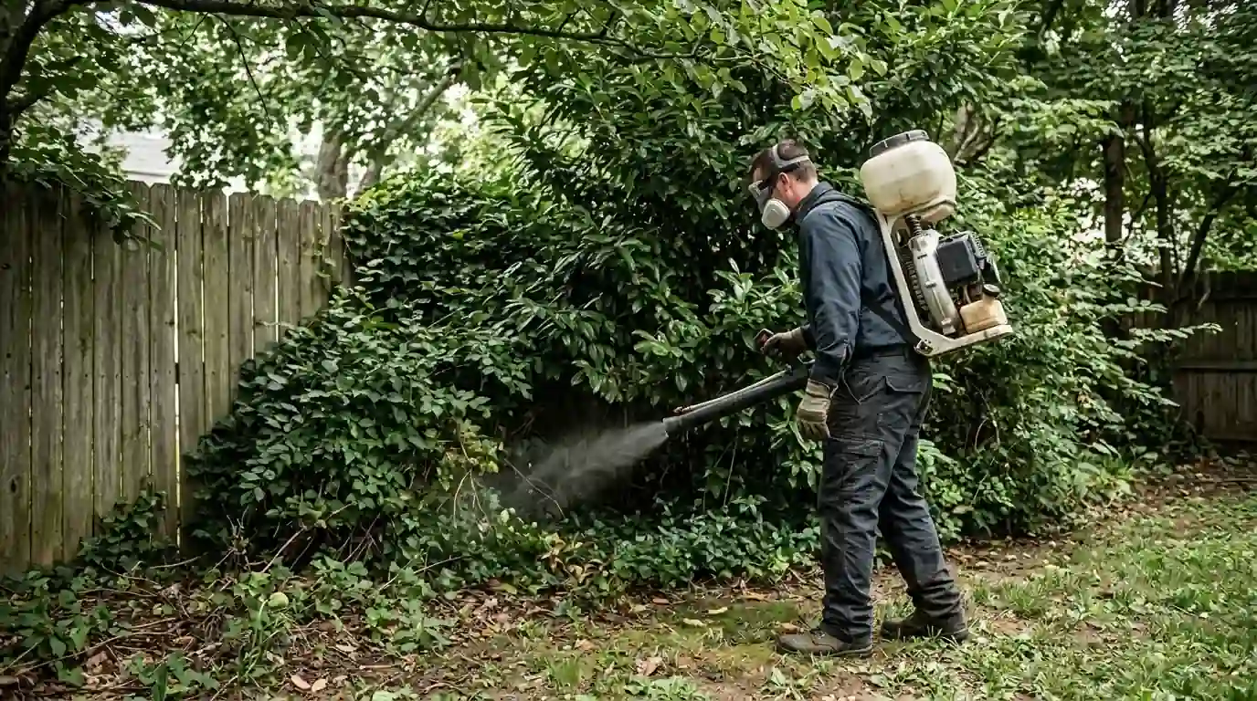 Barrier treatment misting shaded shrubs where mosquitoes rest