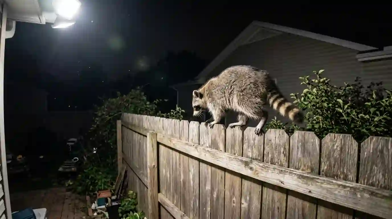 Raccoon traveling a fence line at night