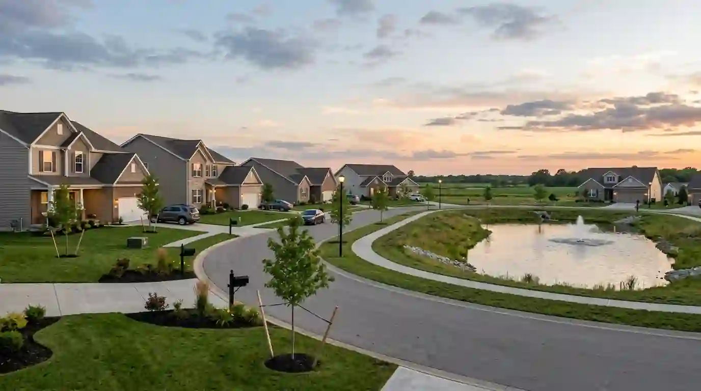 Newer O'Fallon subdivision with landscaping and a retention pond