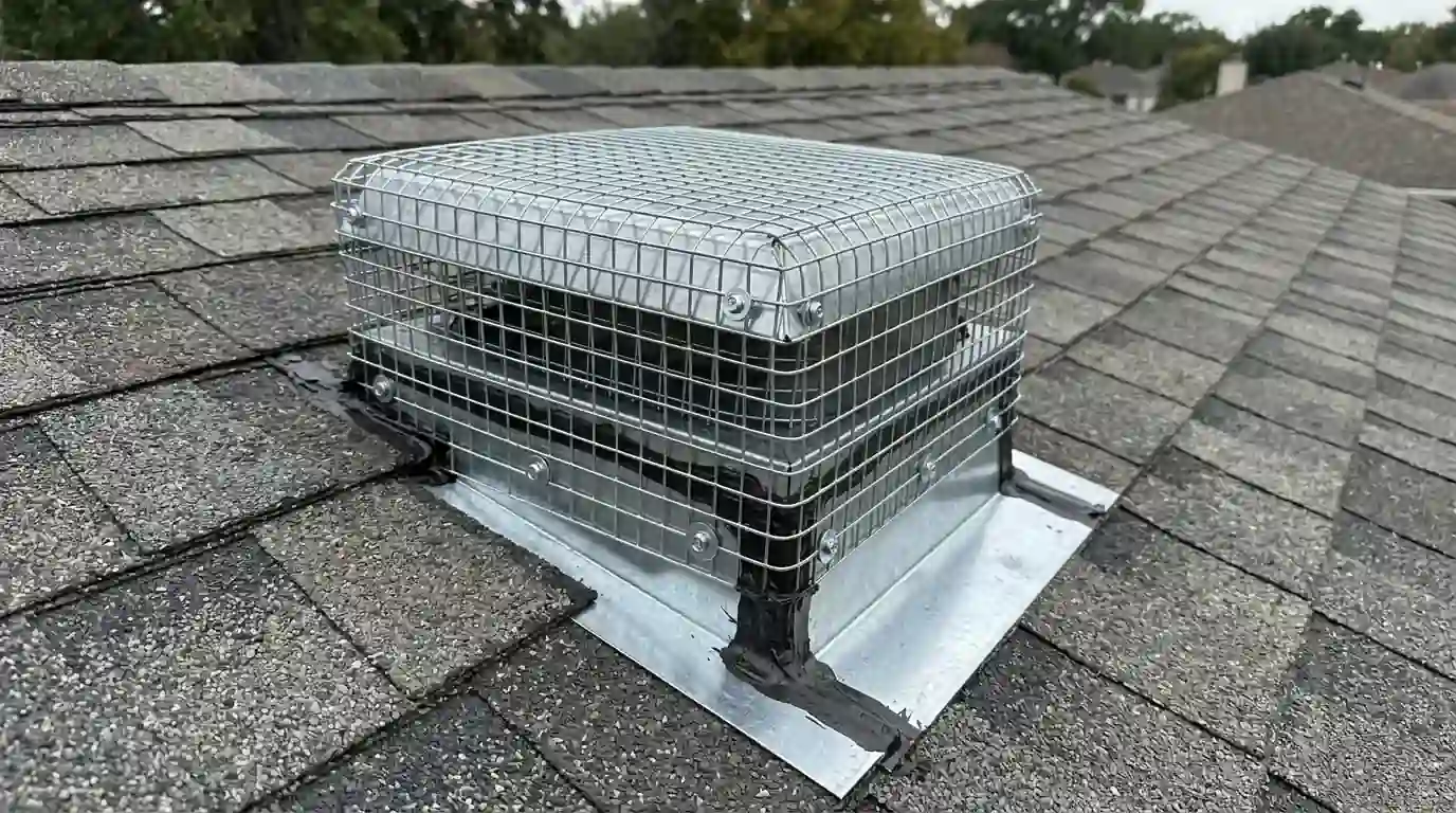Heavy screening installed over a repaired roof vent