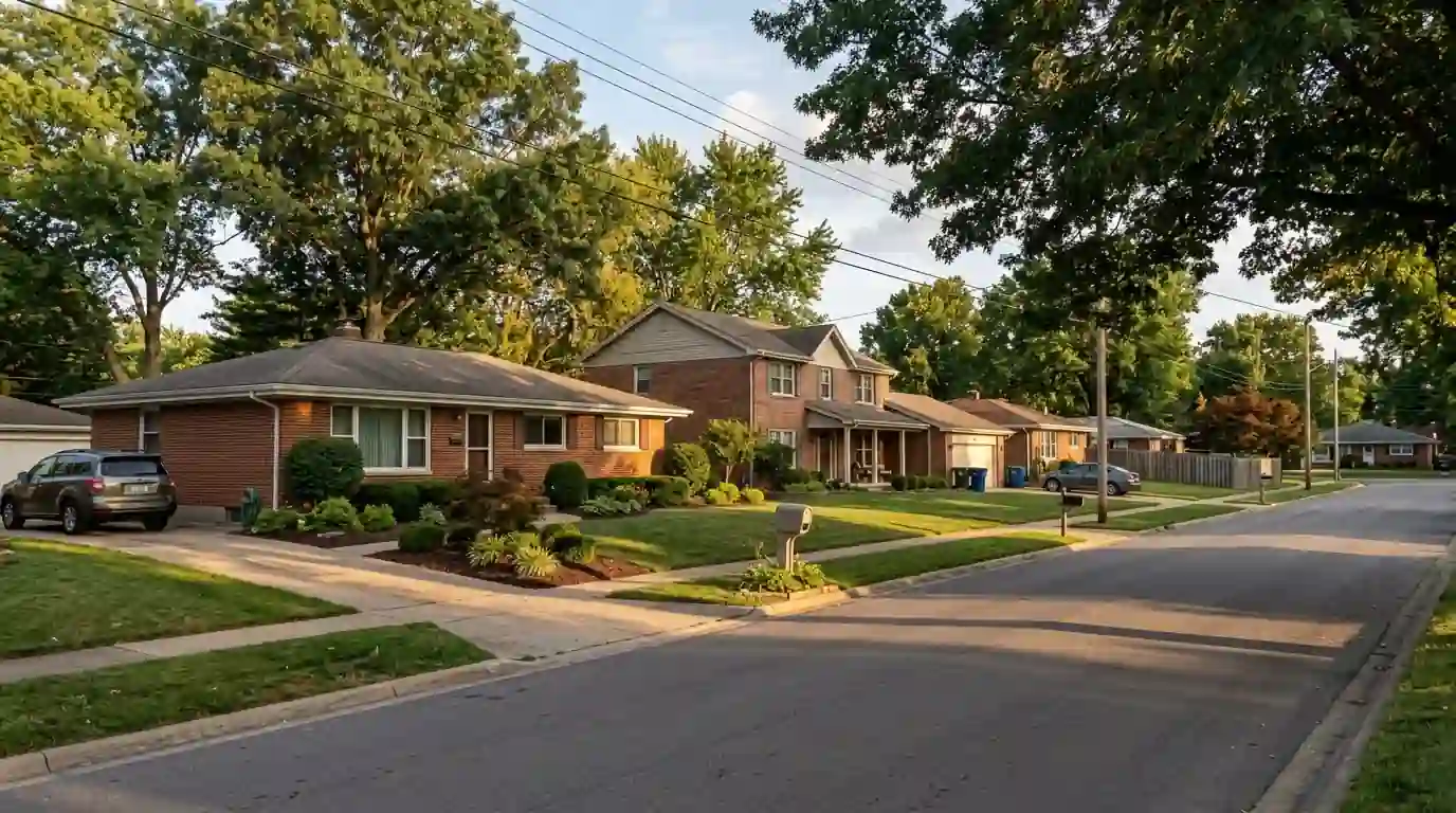 Belleville West subdivision street with landscaped yards