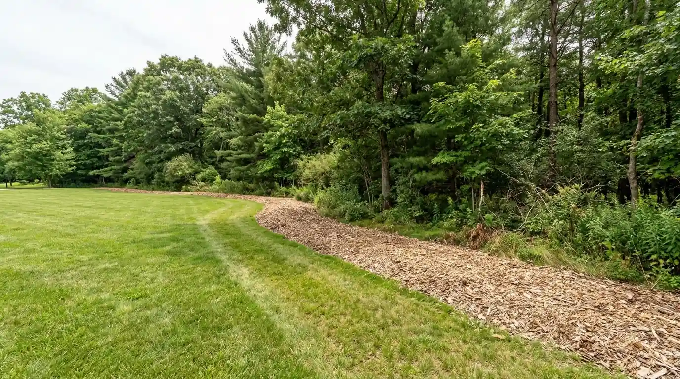 Mowed buffer and chip band between lawn and woods