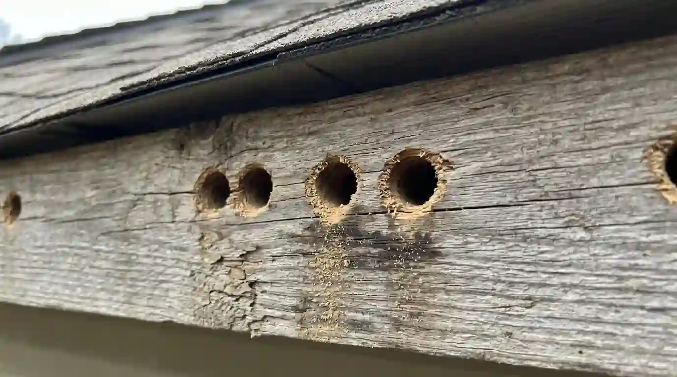Carpenter bee entrance holes in a weathered fascia board