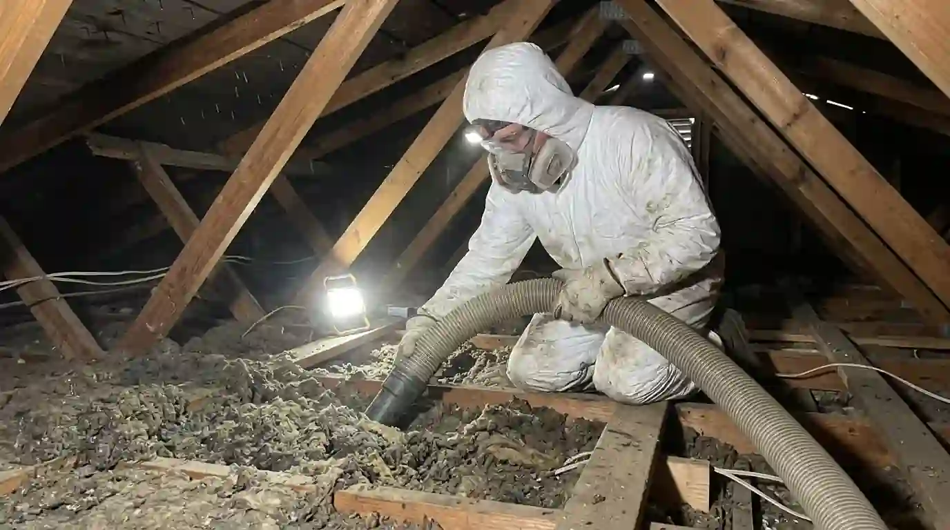 Protective-suit insulation removal in an attic
