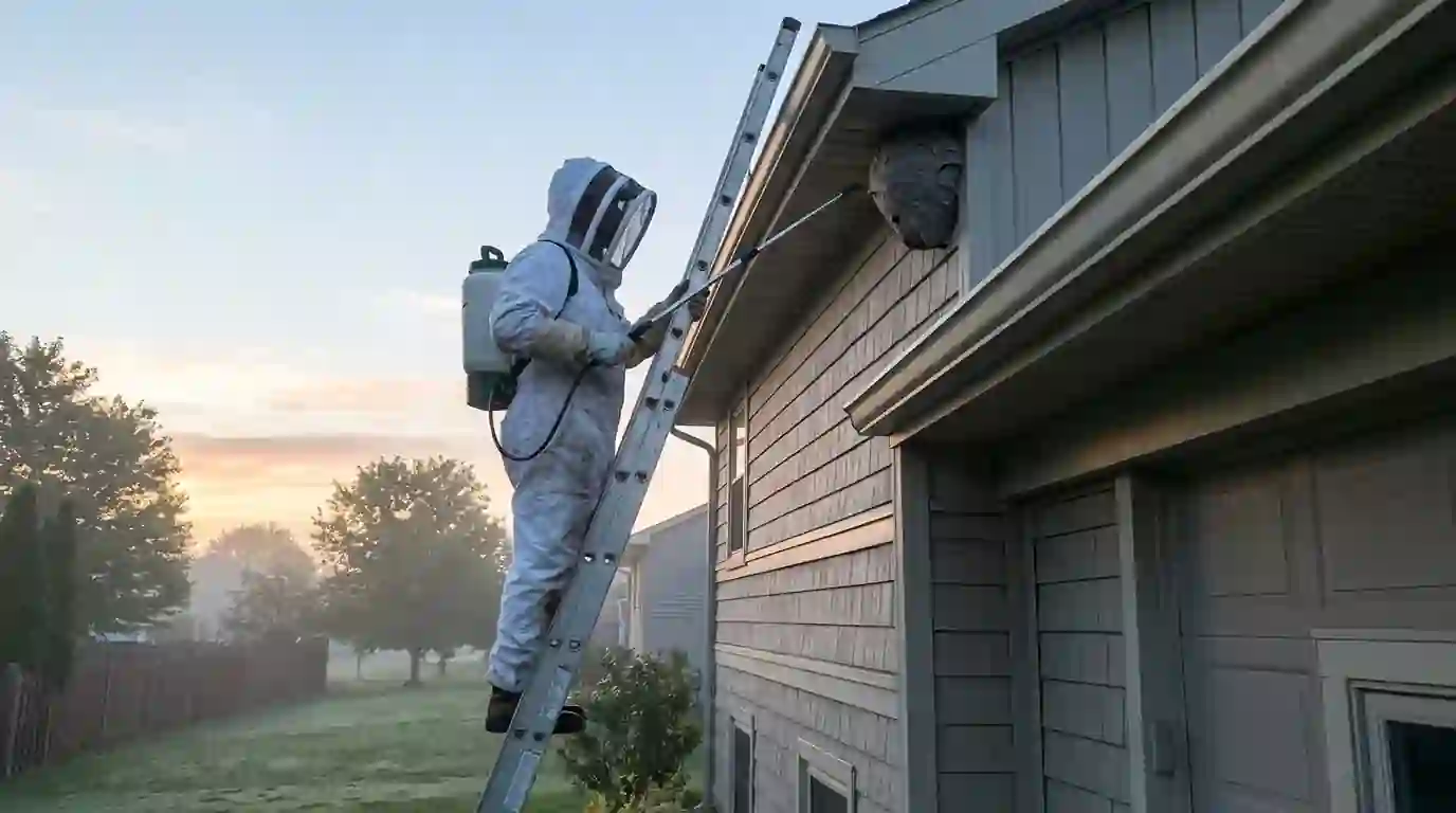 Wasp nest removal at a soffit corner