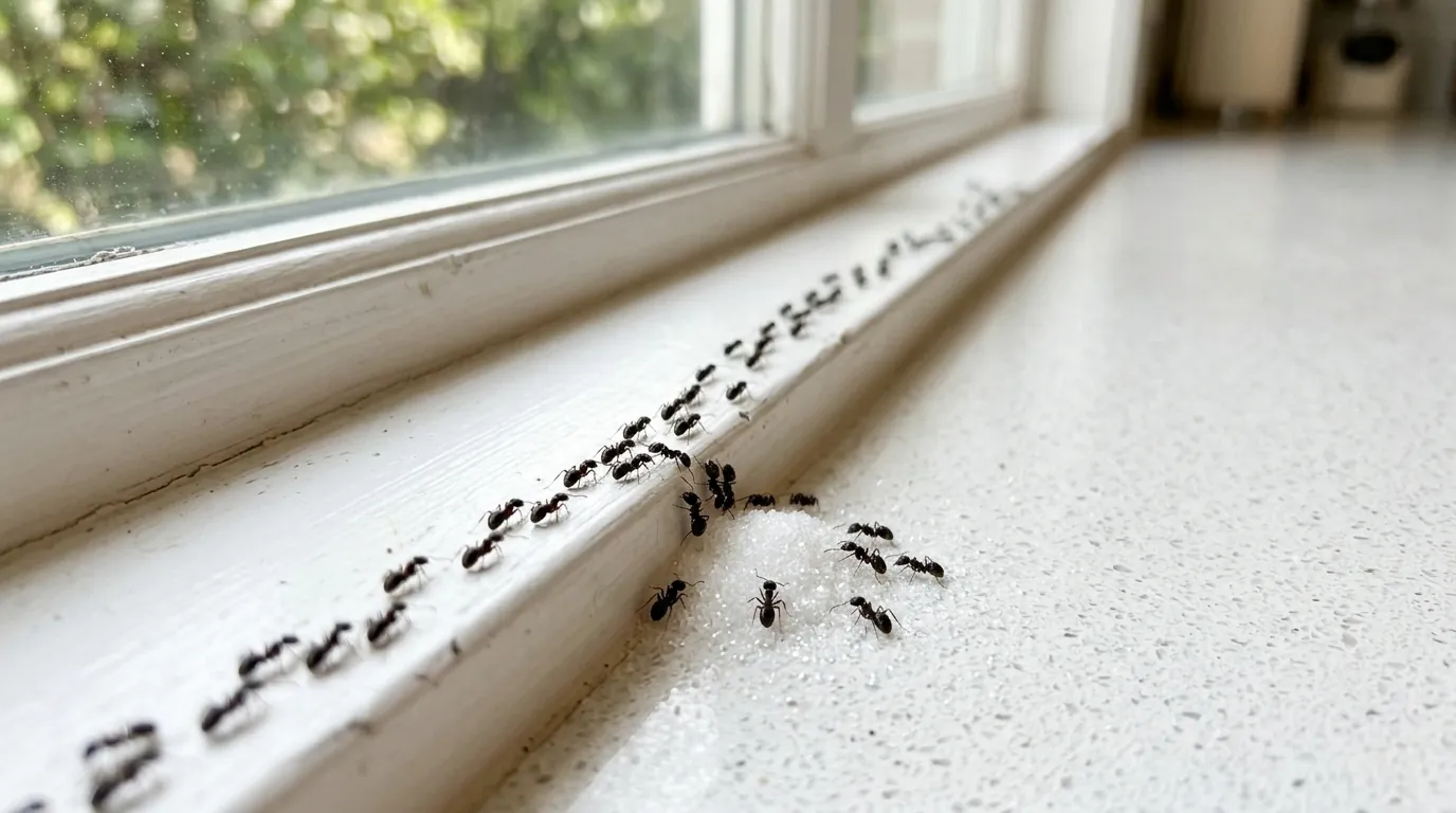 Ant trail returning along a kitchen windowsill