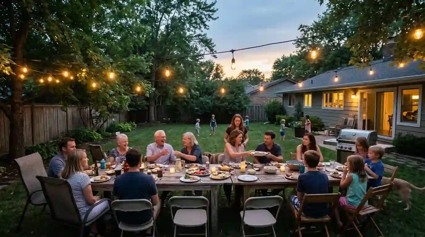 Evening backyard gathering in a treated yard