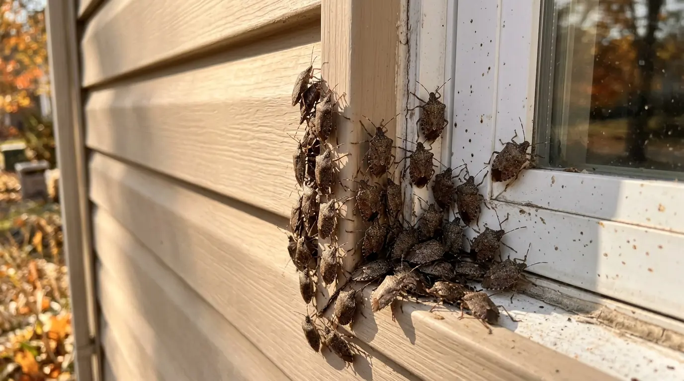 Stink bugs clustering at a window frame in fall