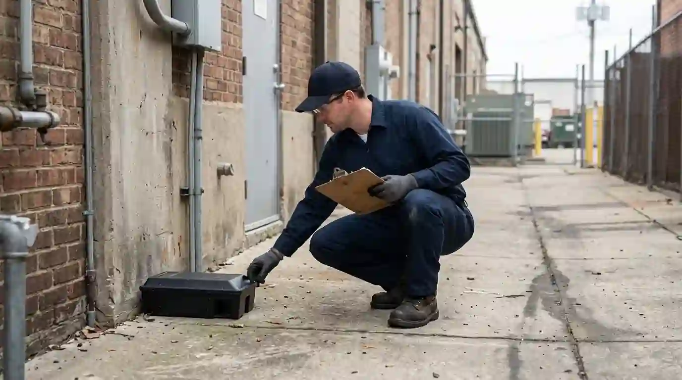 Bait station check in a commercial service corridor