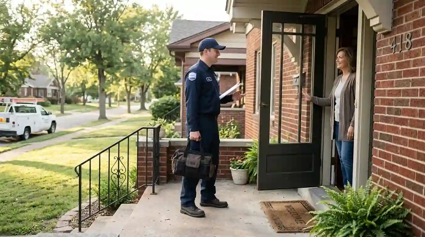 Technician arriving at a Belleville brick home for a residential pest visit