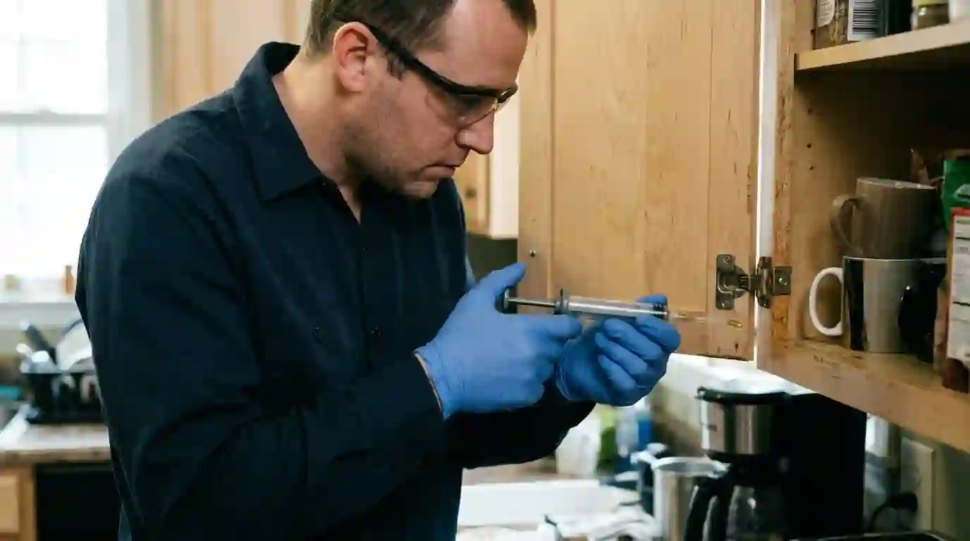 Gel bait application in a kitchen cabinet hinge gap