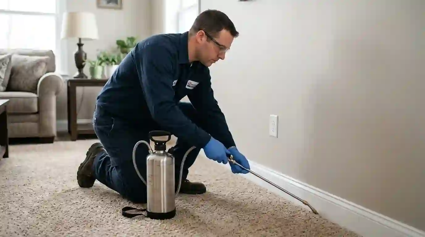 Carpet and baseboard flea treatment in a living room