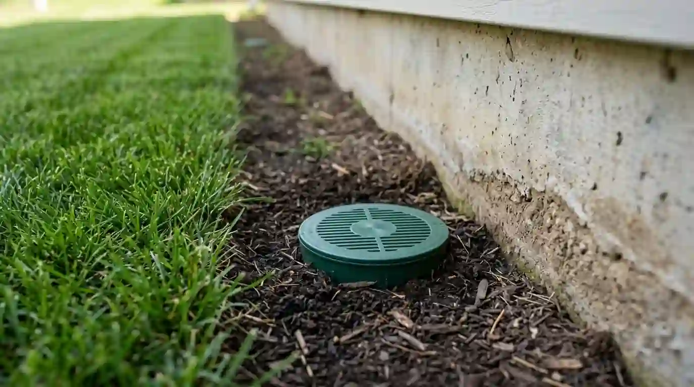 Termite bait station set flush with the lawn