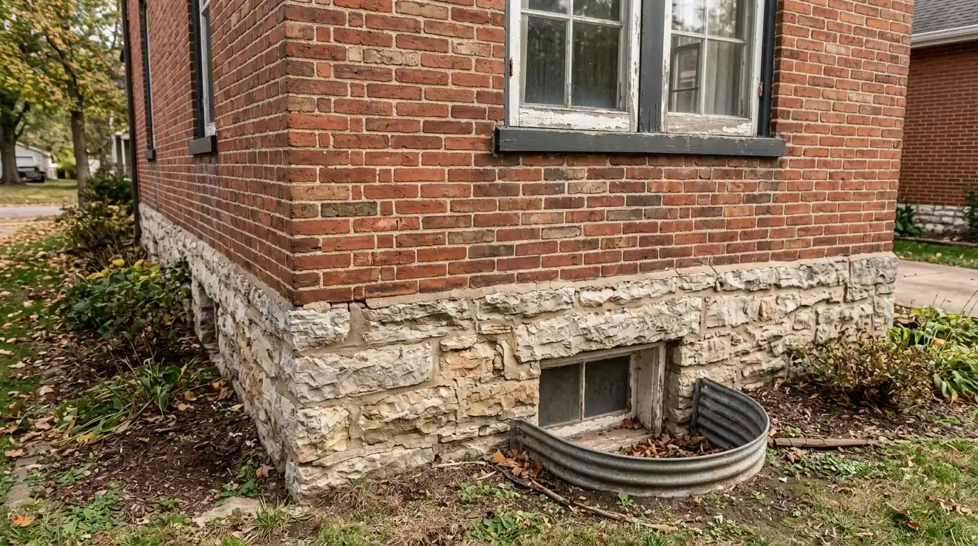Historic Belleville brick home with stone foundation and original windows