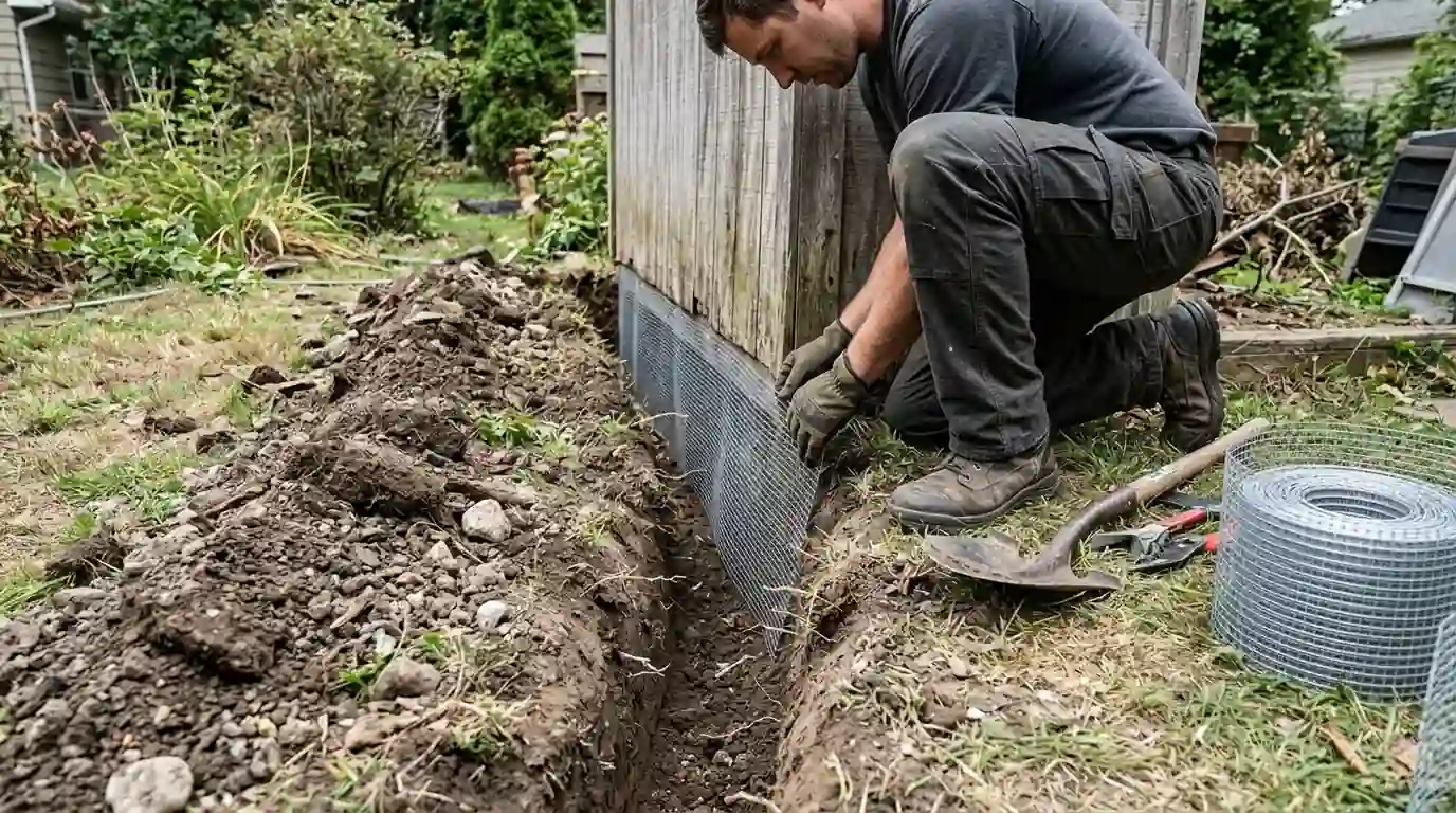 Trenched barrier going in along a shed base
