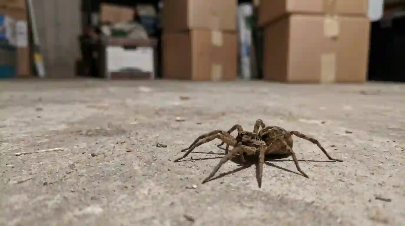 Wolf spider crossing a basement floor near storage