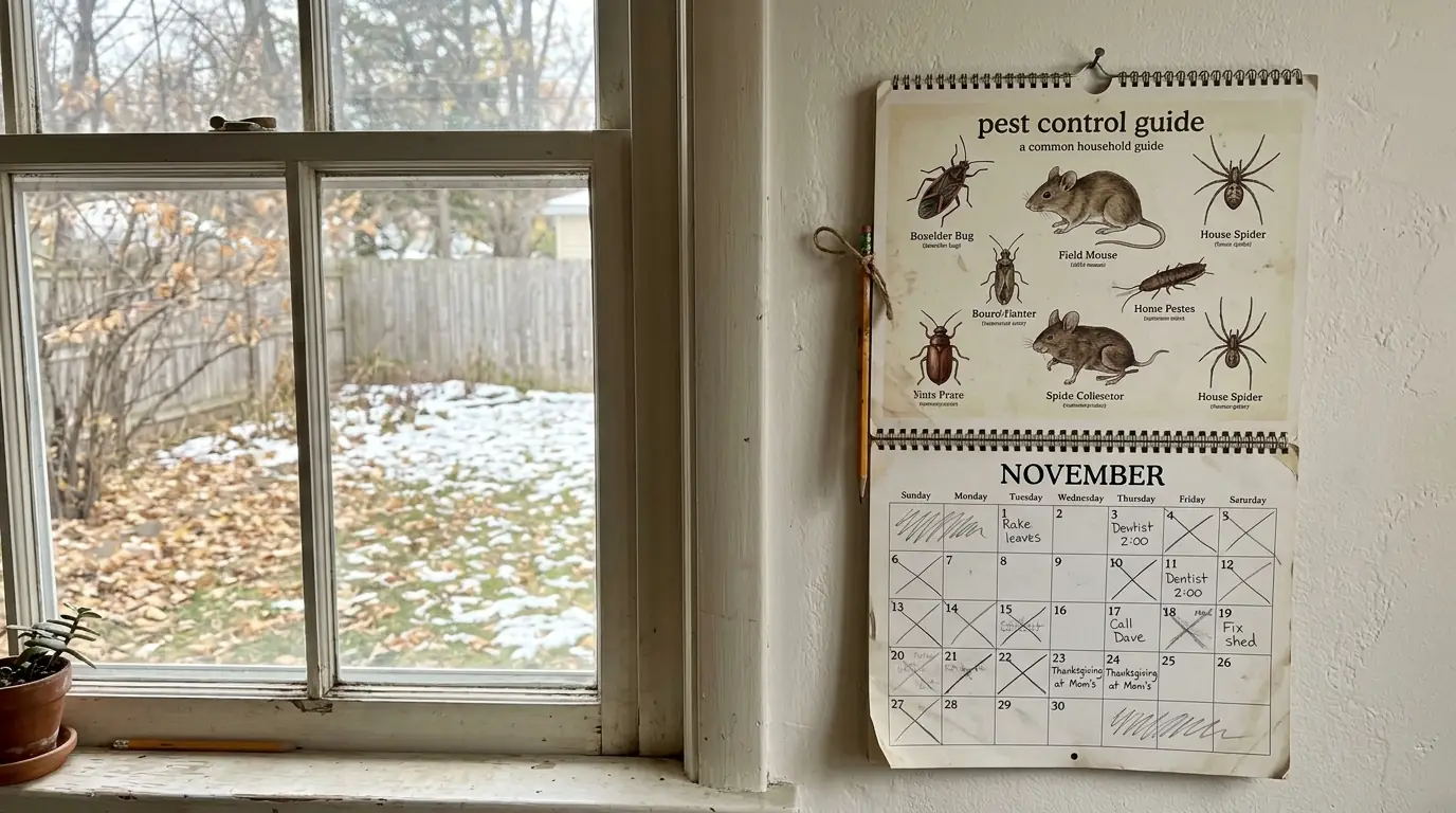 Wall calendar beside a window overlooking a backyard