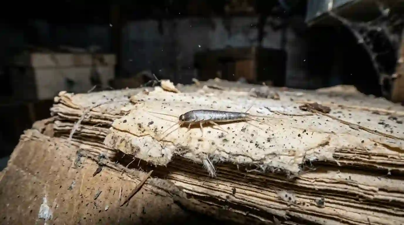 Silverfish on stored paper in a basement