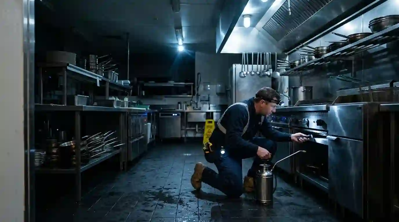 Night service along a restaurant cook line