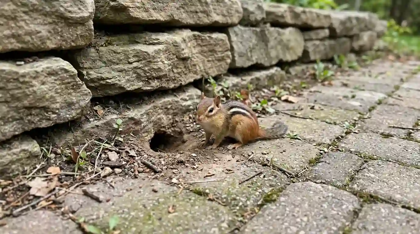 Chipmunk at a burrow beside patio pavers