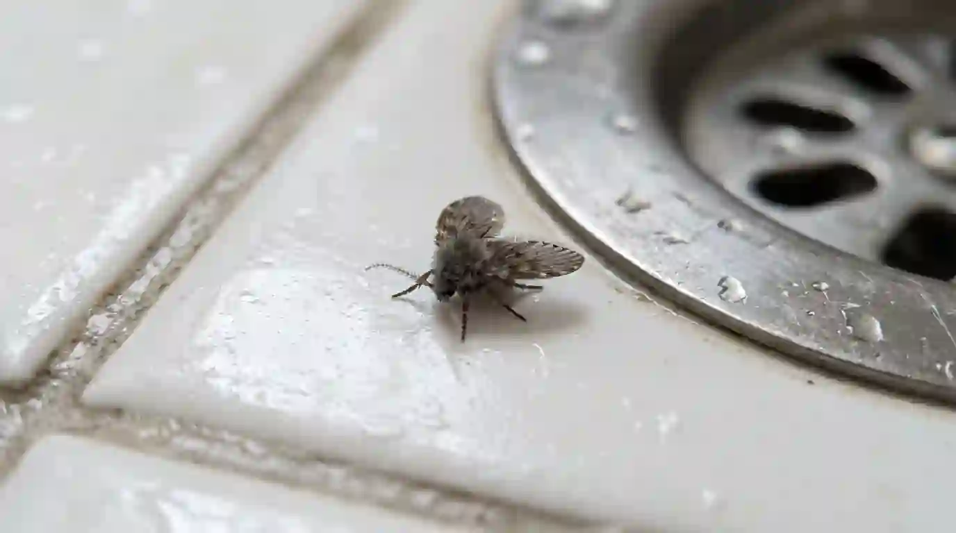 Drain fly beside a bathroom drain