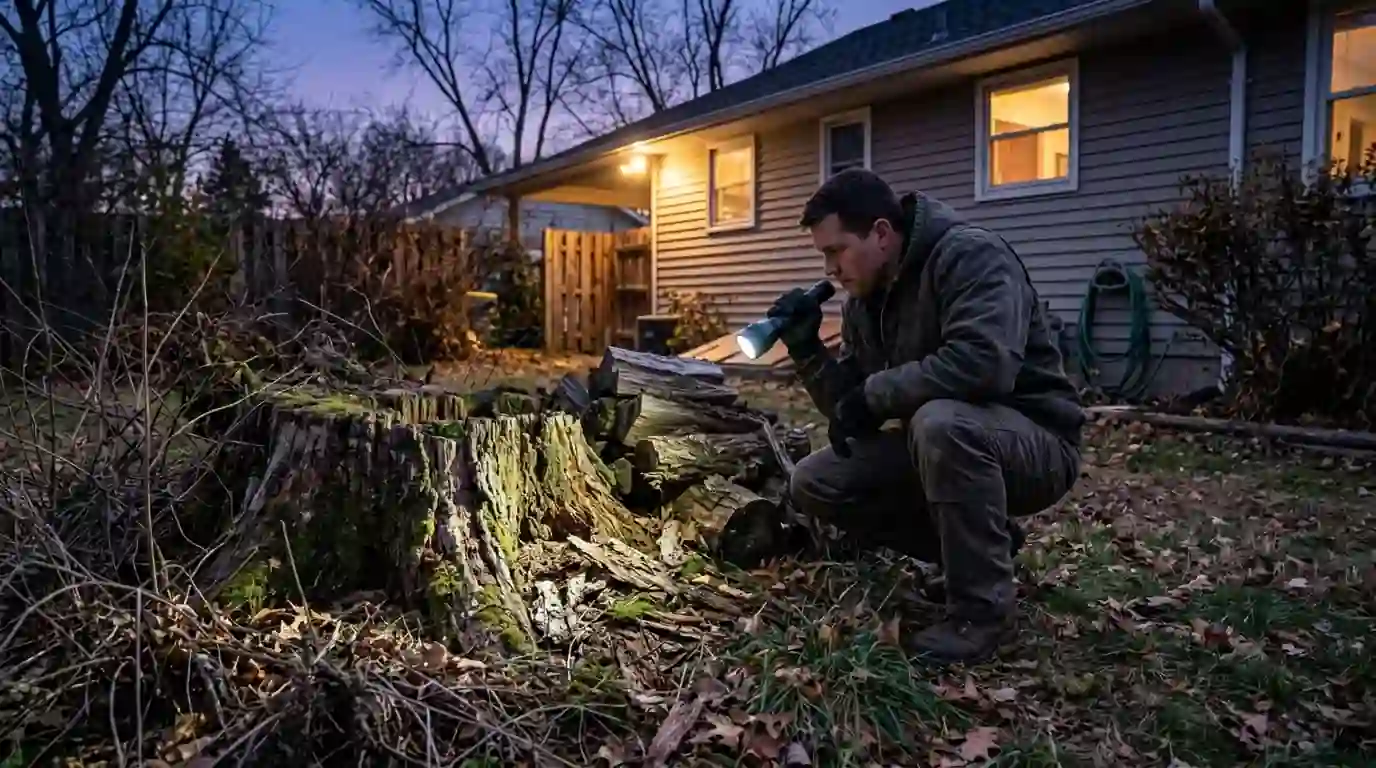 Dusk inspection of a woodpile and stump for a parent colony