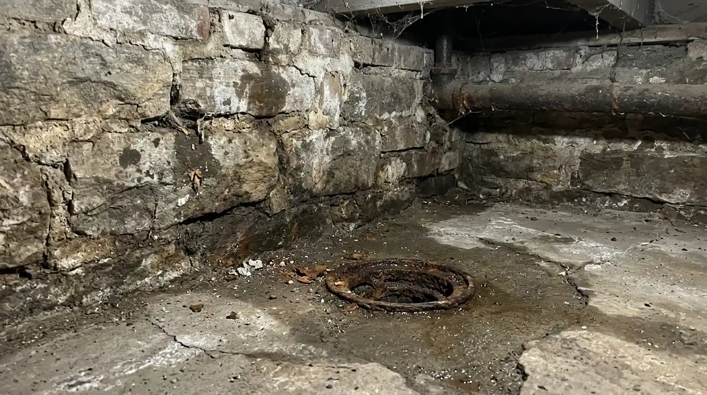 Damp basement of an older Belleville home where oriental roaches harbor