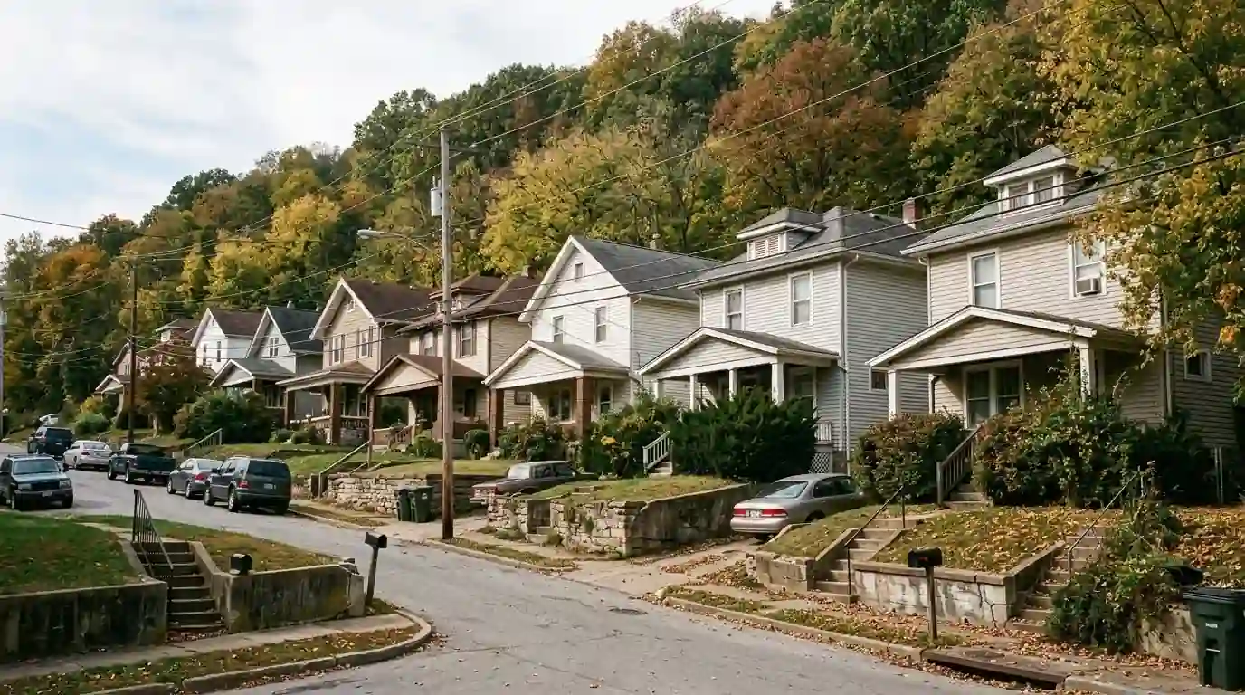 Hillside homes in Collinsville with wooded bluffs behind