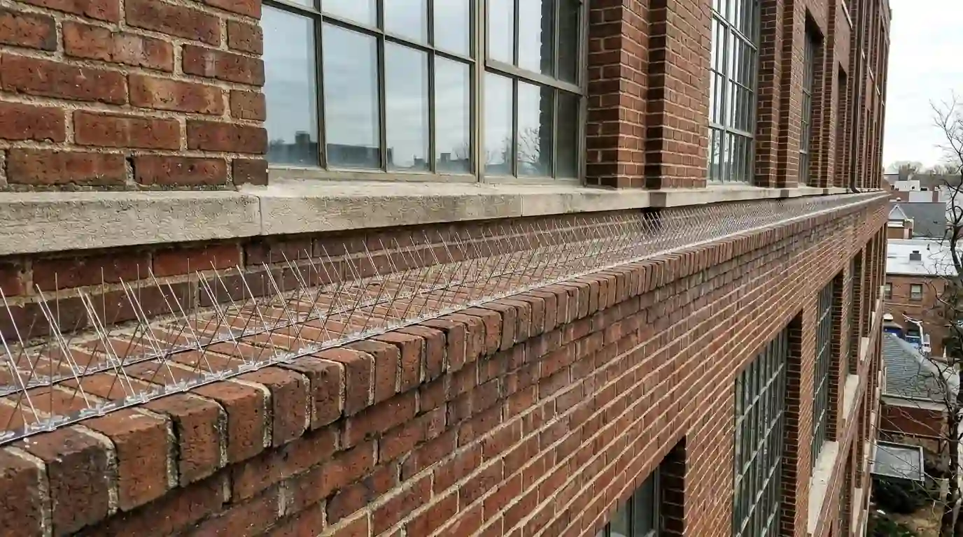 Spike system installed along a brick ledge