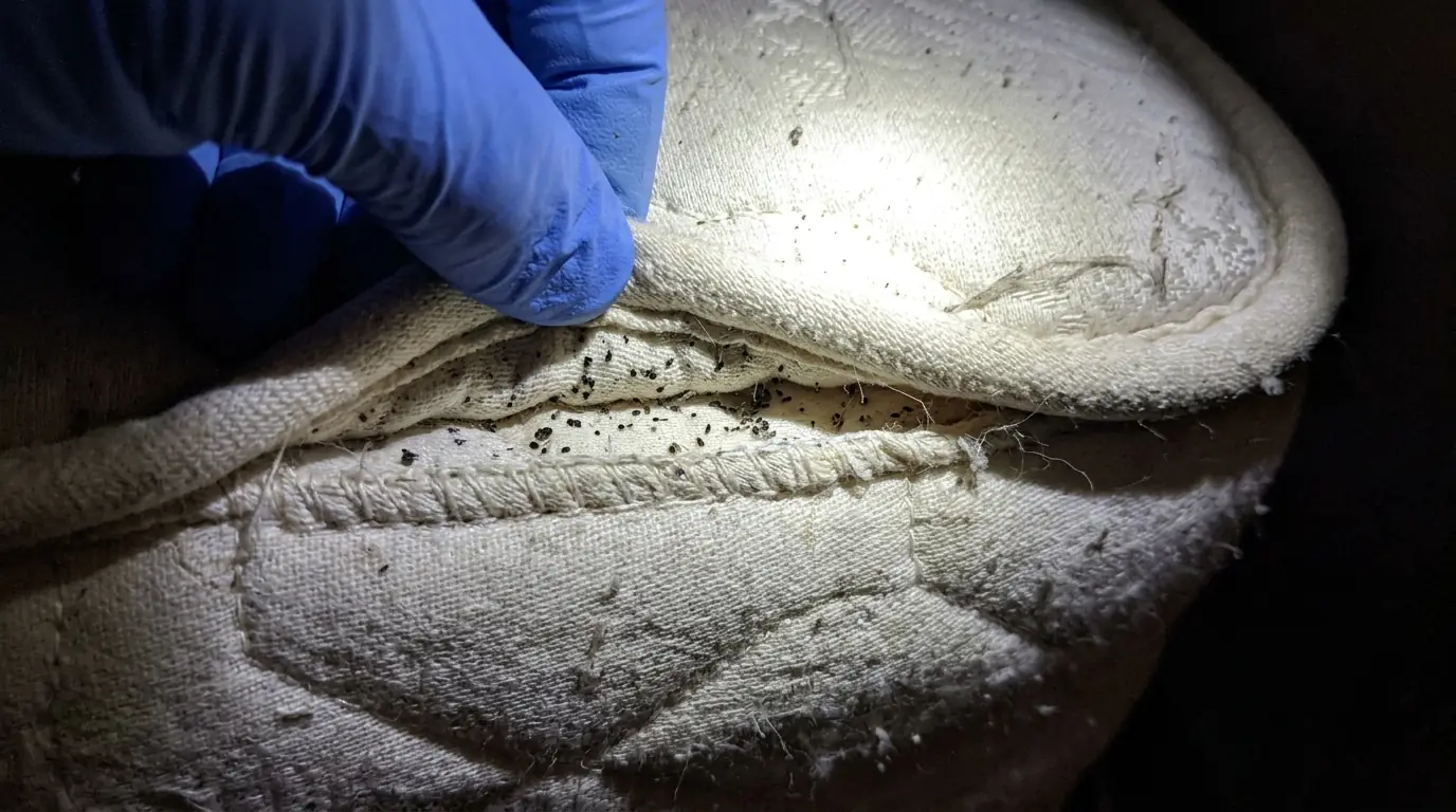 Mattress seam under a flashlight during a bed bug check