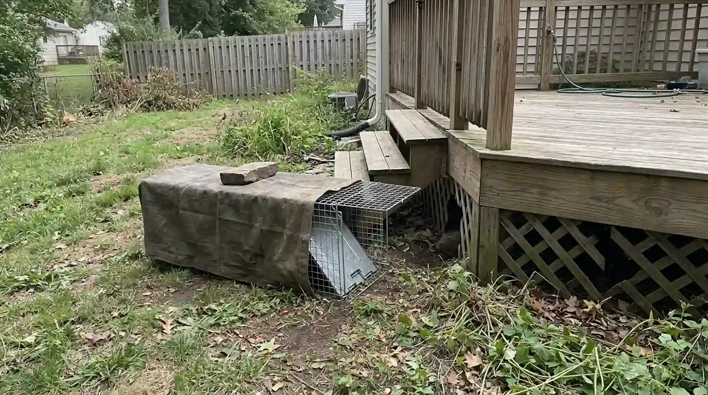Covered cage set at a deck den entry