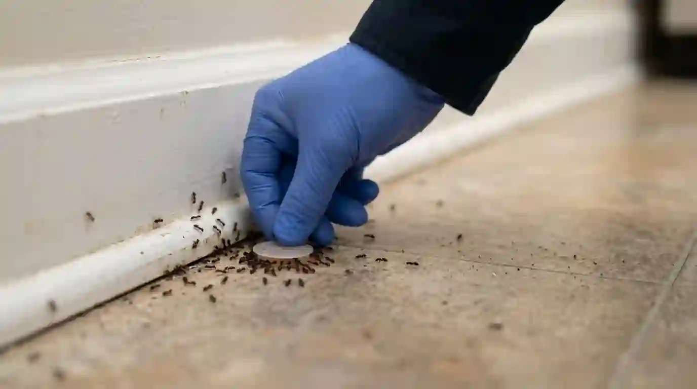 Bait placement on an active ant trail at a baseboard