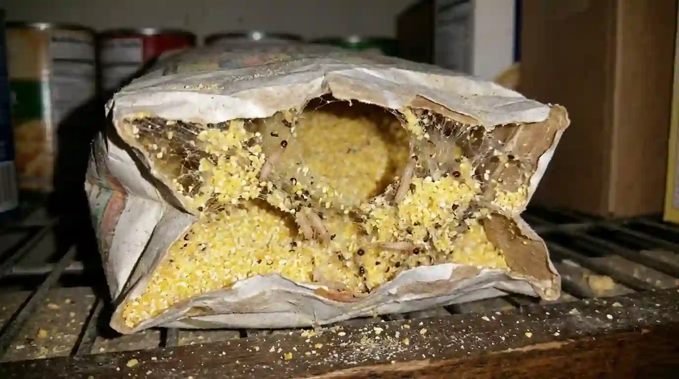 Meal moth webbing inside an infested package