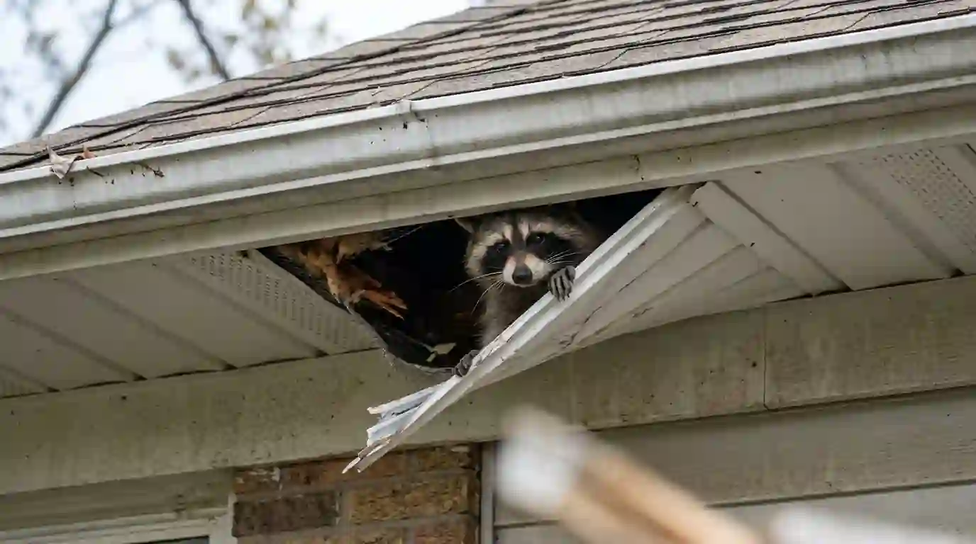 Raccoon at a torn soffit entry point
