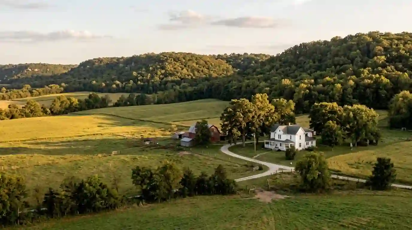 Monroe County farmland and wooded bluffs