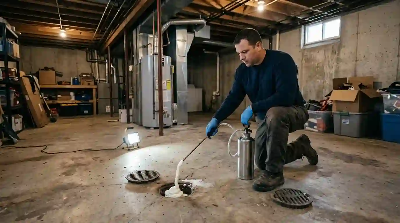Bio-foam treatment of a basement floor drain