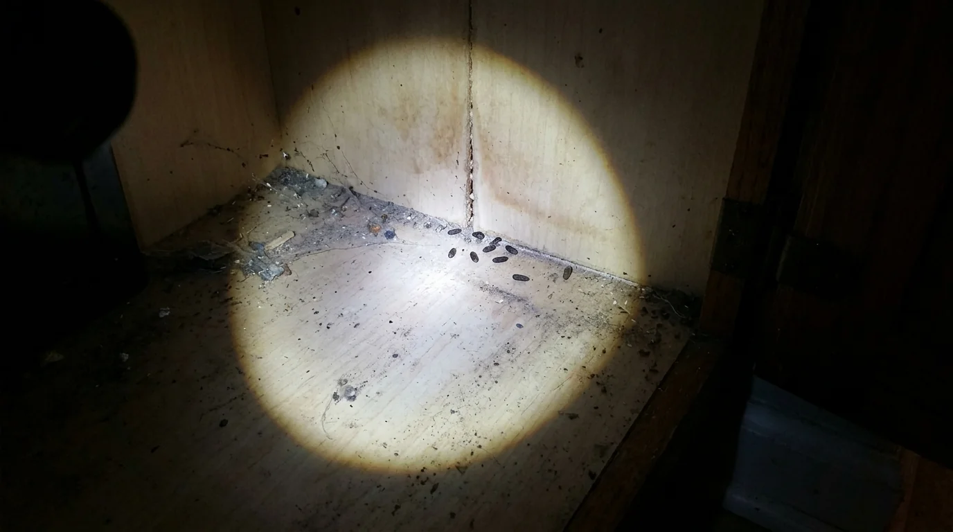 Rodent droppings along a cabinet floor under a flashlight