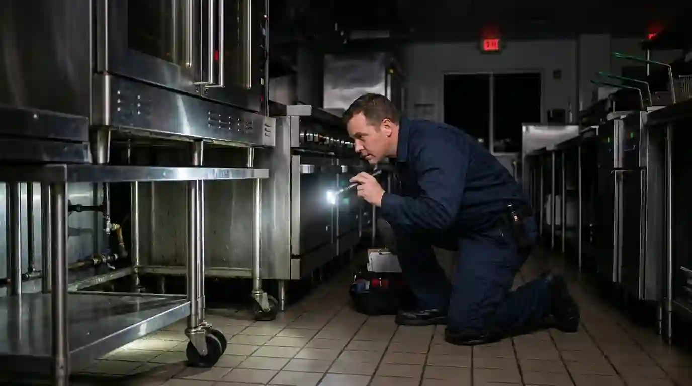 After-hours inspection under a commercial kitchen line
