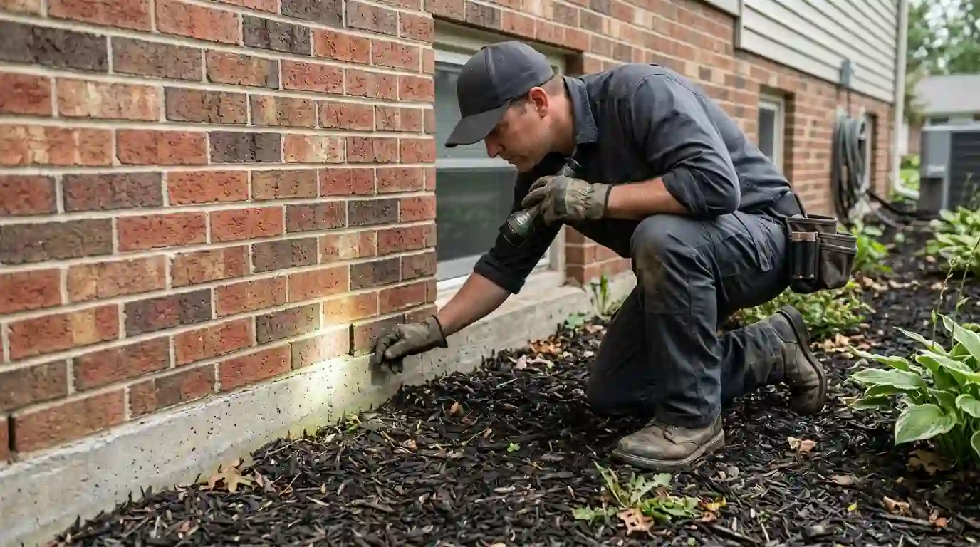 Foundation line inspection along a brick veneer wall