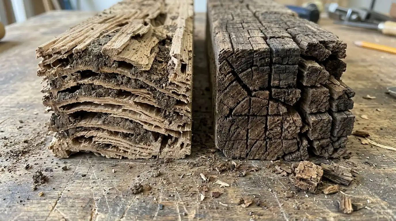 Termite-damaged wood beside rot-damaged wood for comparison