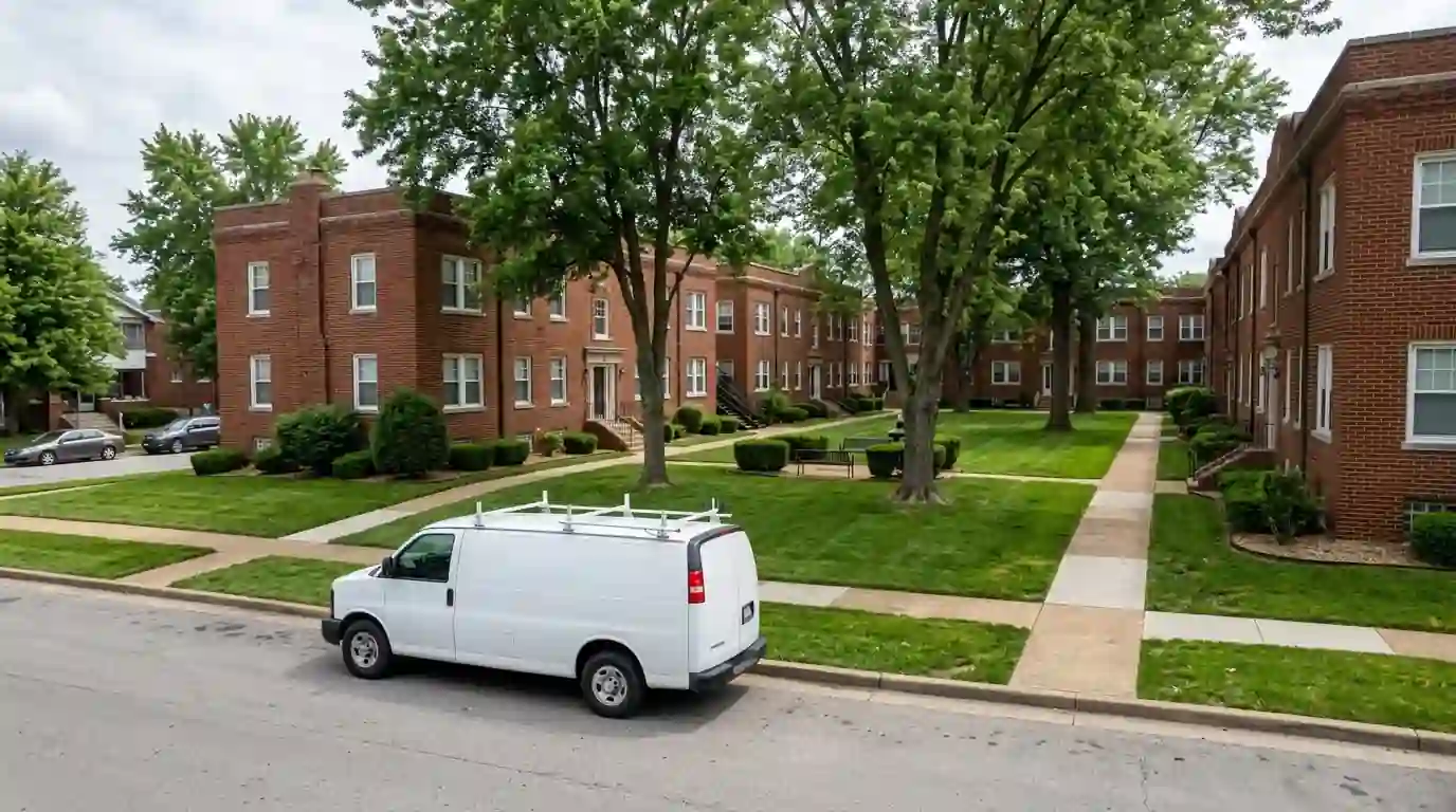 Brick apartment courtyard with service van at the curb