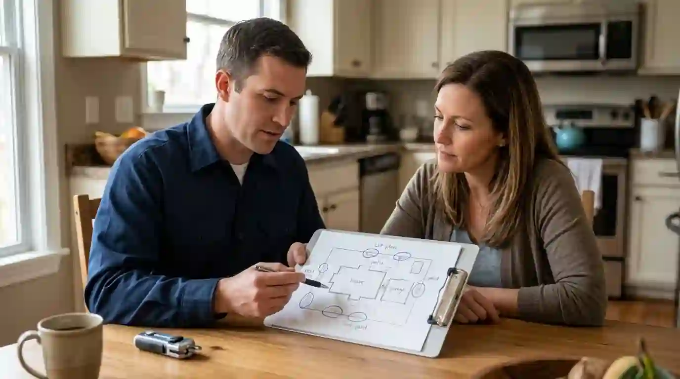 Technician and homeowner reviewing a marked lot plan at a kitchen table