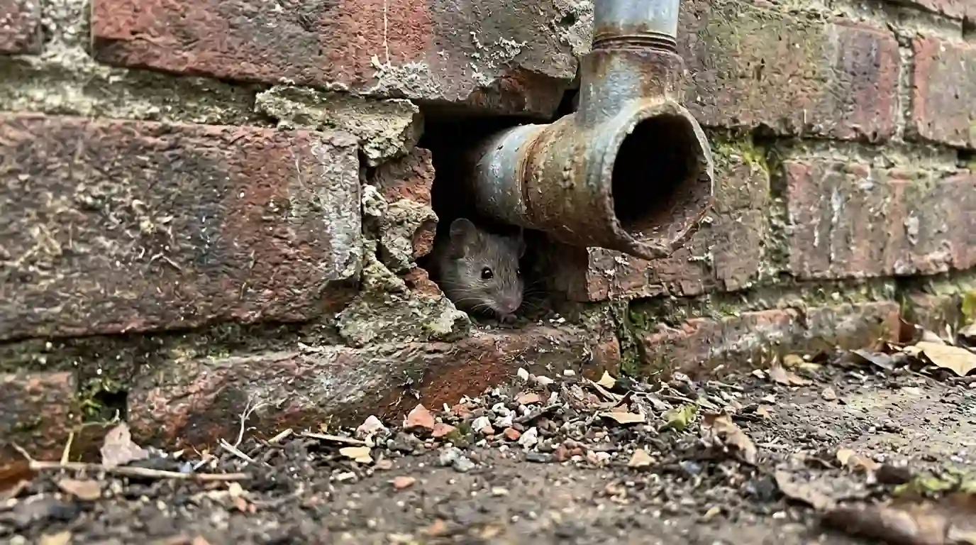 Mouse at a utility-pipe gap in a brick foundation