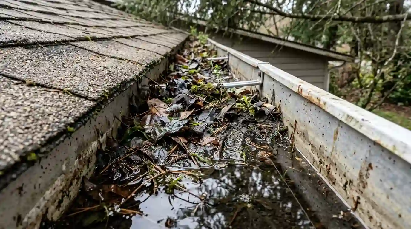 Standing water in a clogged gutter, a hidden mosquito breeding site
