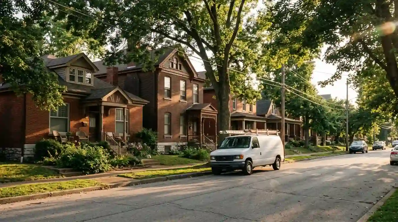 Historic Belleville street of brick homes with a service van at the curb